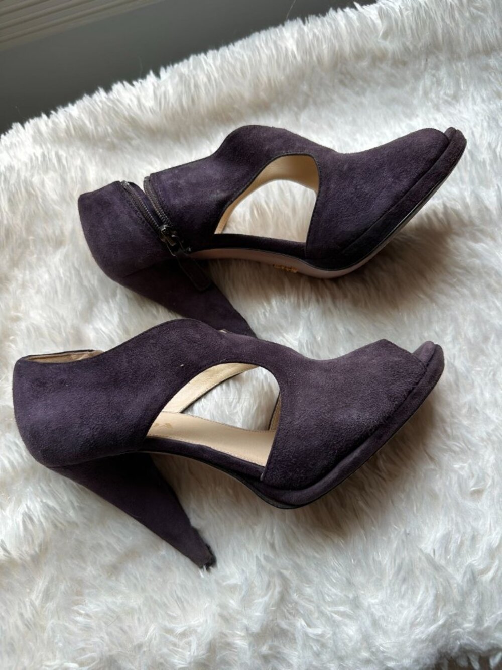 Authentic Prada purple suede side zip closure peep top pump heels sz 36 1/2